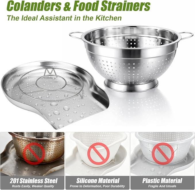 Palksky Stainless Steel Colander Set with Handles & Self-Draining Base, 3 Sizes (7”, 9”, 11”), Heavy Duty Pasta Strainer, Rice & Vegetable Strainer, Countertop Draining System - Image 8