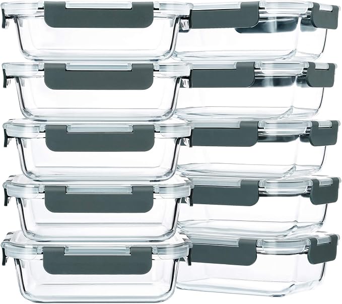 M MCIRCO 10 Pack,22 oz Glass Food Storage Containers with lids, Gray | Glass Meal Prep Containers,Airtight Lunch Containers with Lids, Microwave, Oven, Freezer and Dishwasher Friendly, BPA Free by MMCIRCO