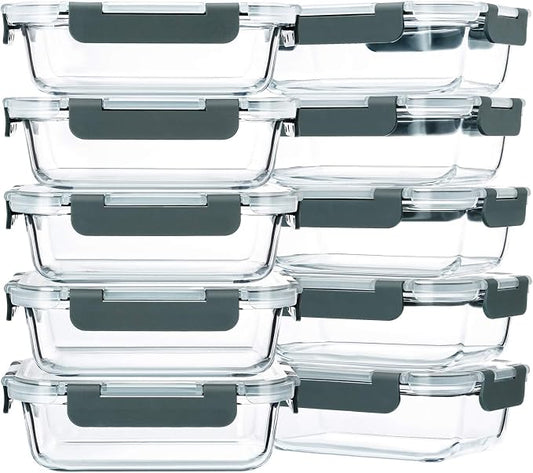 M MCIRCO 10 Pack,22 oz Glass Food Storage Containers with lids, Gray | Glass Meal Prep Containers,Airtight Lunch Containers with Lids, Microwave, Oven, Freezer and Dishwasher Friendly, BPA Free by MMCIRCO