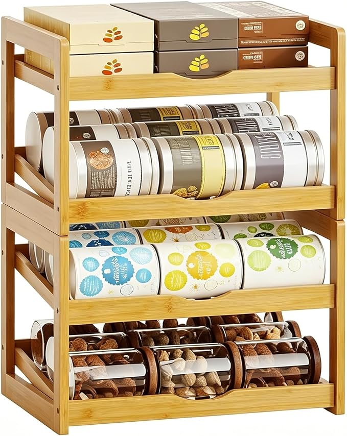 BAMBANG Can Organizer for Pantry, 4 Tier Stackable Bamboo Canned Food Storage Rack, Rolling Soda Can Dispenser Holds Up to 48 Cans, Detachable Can Organizer for Cabinet, Natural by BAMBANG