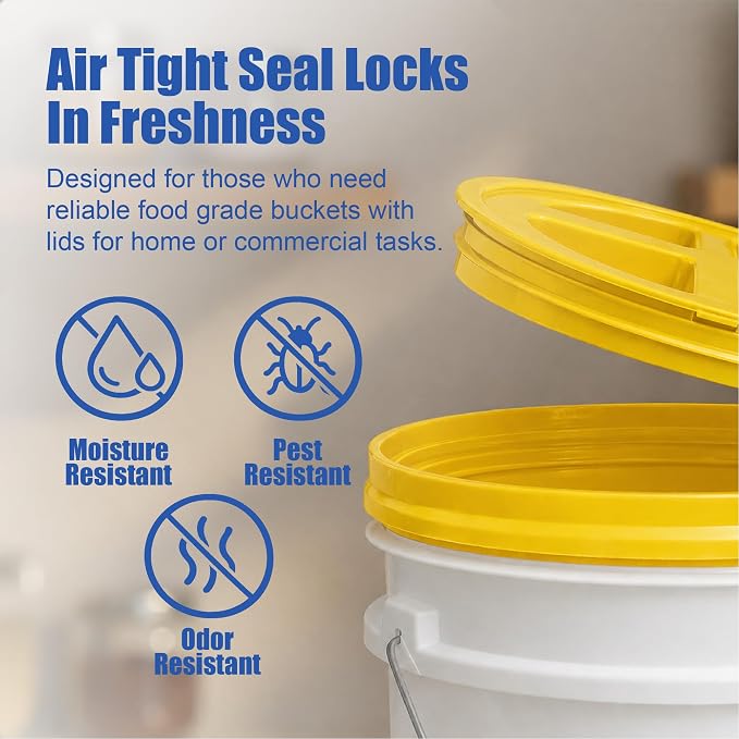 5 Gallon Bucket - Food Grade w/Lid BPA-Free, White/Yellow, 6 | Airtight Gamma Seal Screw-On Lid, Heavy-Duty 90 Mil HDPE Plastic, Food Safe and Durable Container, Bulk Storage, Made in USA - Image 5