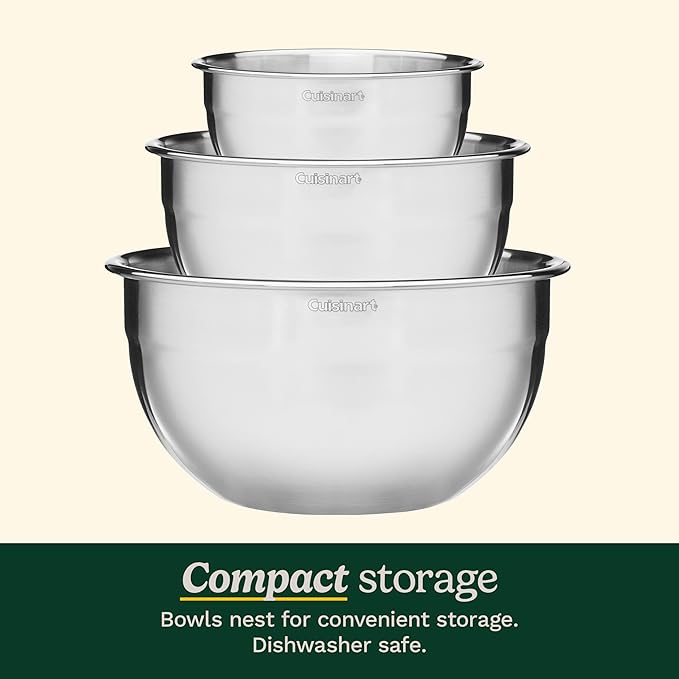 Cuisinart Mixing Bowl Set, Nesting Bowls, Stainless Steel, 3-Piece | 1.5, 3 & 5 qt. stainless steel mixing bowls for baking, cooking & prep, dishwasher safe, durable & compact, CTG-00-SMB - Image 3