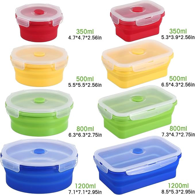 Yaomiao 16 Pack Collapsible Food Storage Containers with Lid Air Vent Foldable 8 Rectangle Storage Bowl and 8 Round Silicone Food Bow for Lunch Camping Rv Accessories Microwave Freezer(Bright Colors) - Image 2