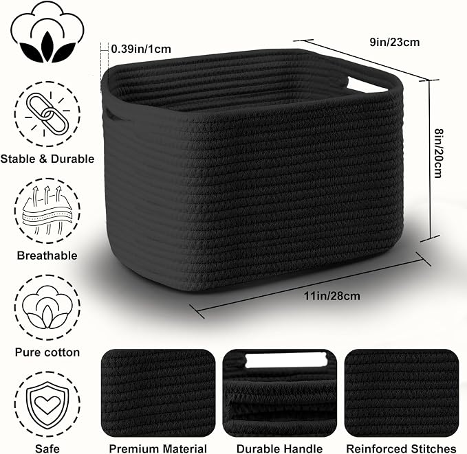 4 Pack Storage Baskets for Organizing, 11''Lx9''Wx8''H Woven Baskets for Storage Toys, Towels, Books, and Clothes, Cotton Rope Basket for Shelves with Handle - Image 2