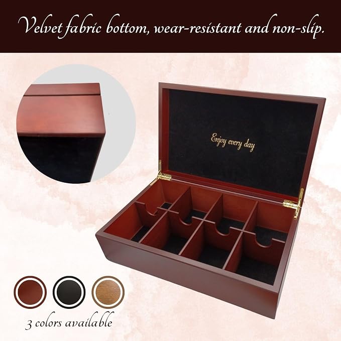 BJOYFUL&LOVED Wooden Tea Box, 8-Compartment Tea Organizer, Walnut Color | Removable Dividers Customize Storage for Tea Bags, Sugar Packets, Coffee Capsules, Jewelry, Watches and Small Accessories - Image 4