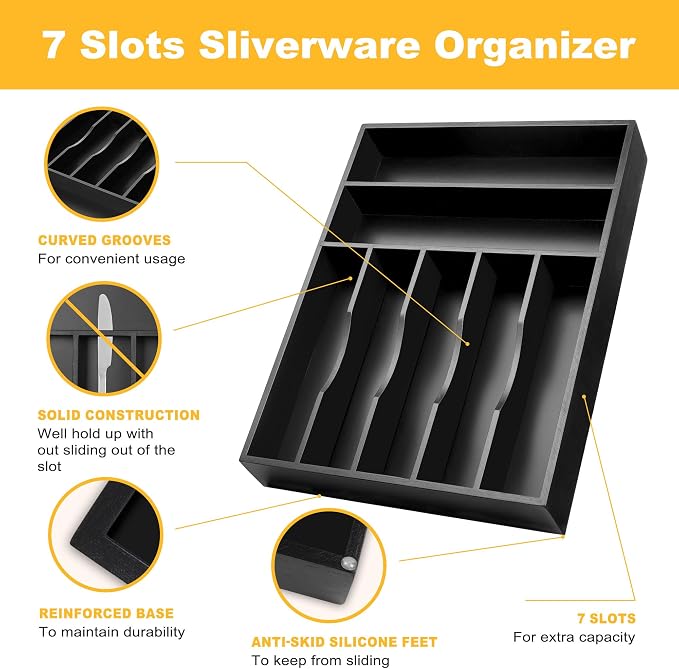 Kitchen Bamboo Silverware Organizer, Kitchen Drawer Organizer - Utensil Holder and Cutlery Tray with Grooved Drawer Dividers for Flatware 7 Slot, Black - Image 6