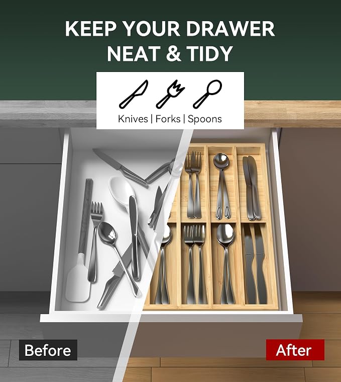 Silverware Drawer Organizer for Kitchen Utensil,Bamboo 10 Slot | 16”Dx12.3”Wx1.7”H, Vertical Storage, Cutlery Tray Dividers for Spoons Forks Knives - Image 6