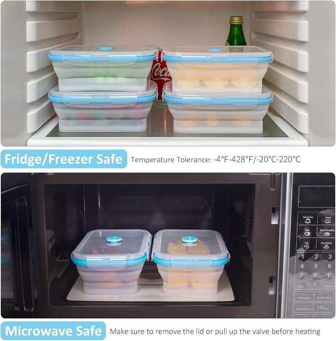 Collapsible Food Storage Containers with Airtight Lid & Vent, 27oz, Kitchen Stacking Silicone Collapsible Meal Prep Container Set for Leftover, Microwave Freezer Dishwasher Safe, Translucent, Set of 4 - Image 6