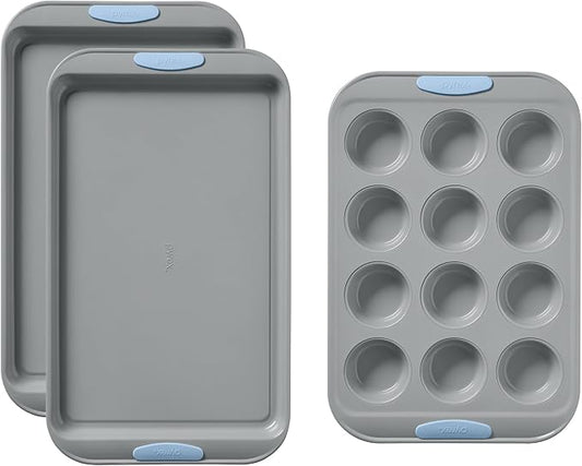 Pyrex 3-Piece Metal Cookie & Muffin Sheet Bakeware Set, Cerulean | Lightweight stainless steel baking trays with heatsafe silicone handles, made without PFAS, mercury, lead, cadmium & BPA by Pyrex