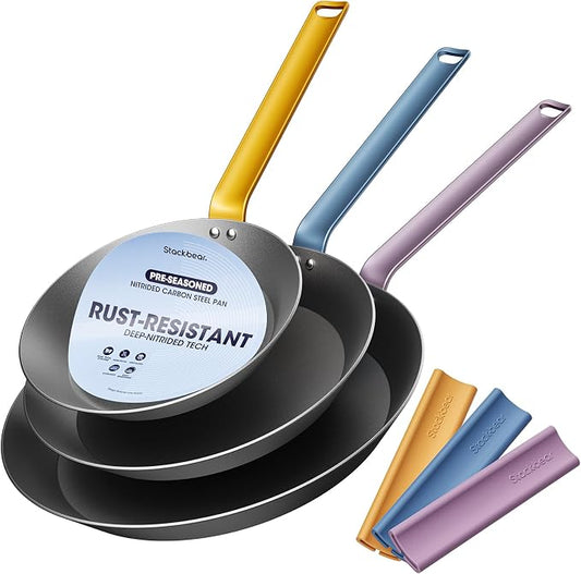 Carbon Steel Frying Pan Set, 8 10 12 Inch Nitrided Skillets | Complete Size Range for Everyday Cooking; Preseasoned Surface Develops Natural Patina without Coatings by Stackbear-DesignsmarterLiveeasier