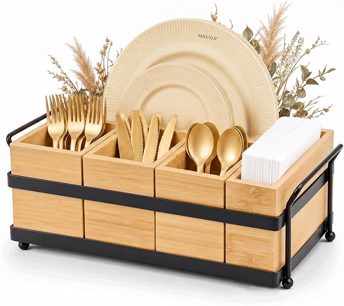 5-in-1 Bamboo Utensil Caddy and Paper Plate Organizer - Wooden Silverware Caddy with Napkin Holder and Portable Handle - Flatware Organizer for Kitchen Countertop, Camper RV, Buffet Party by Unknown