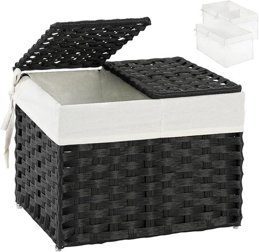 SETVSON Storage Basket with Lid, 2-Lid PE Rattan Storage Bin, Black | 9.2 Gal Decorative PE Rattan Furniture Look for Bedroom, 2 Separate Lids, 2 Liners with Divider for Apparel & Essentials by SETVSON