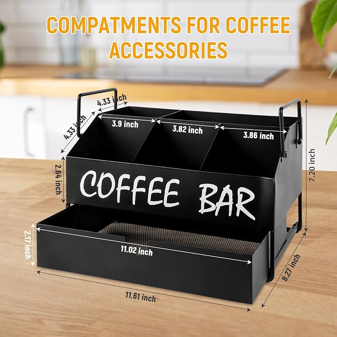 Coffee Bar Accessories Organizer - Metal Countertop Coffee Station with Drawer, Pod Holder & Condiment Organizer (Black) ﻿ - Image 3