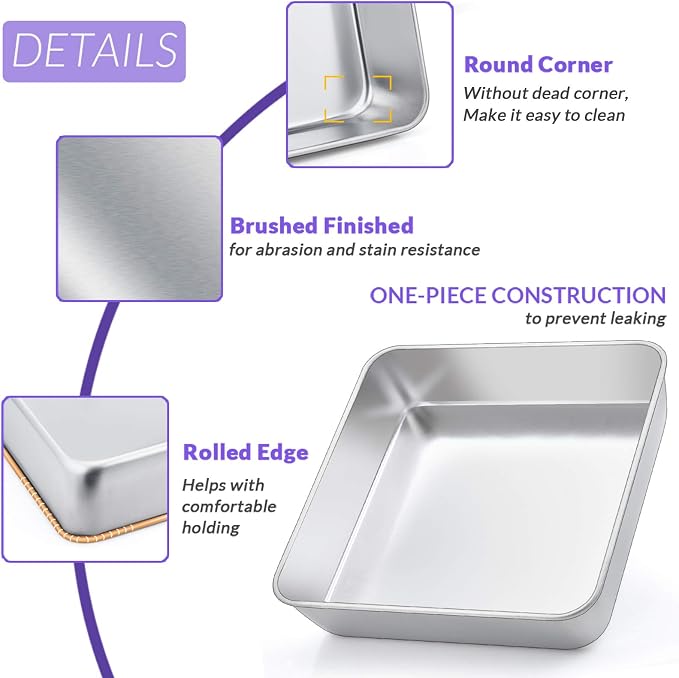 8 x 8-Inch Baking Pan, E-far Square Cake Brownie Baking Pans Stainless Steel Bakeware Set of 3, Fits in Small Toaster Oven, Non-toxic & Dishwasher Safe - Image 3
