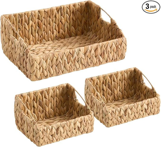 Ornavo Home 3-Pack Water Hyacinth Storage Baskets with Handles, Natural | Handwoven Decorative Natural Organizer For Shelves, Pantry, Closet Or Living Room by OrnavoHome
