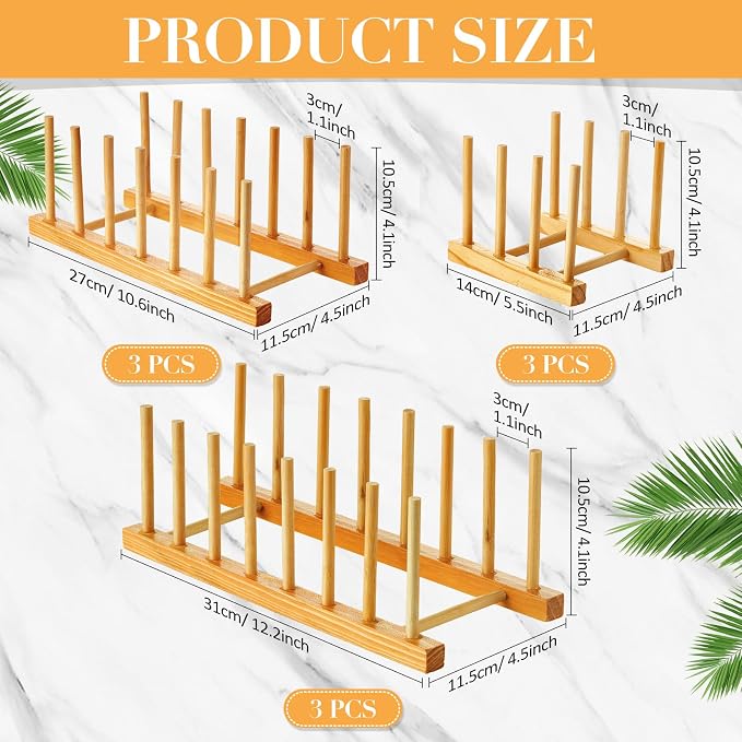 Zopeal 9 Pcs Bamboo Wooden Plate Racks Dish Rack Stand Holder 3/6/ 7 Slots Drainboard Drying Drainer Kitchen Cabinet Organizer for Dish Plate Bowl Cup Pot Lid Book - Image 2