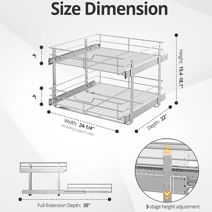 ZOINLIY Pull Out Cabinet Organizer,Slide Out Kitchen Organizers and Storage | Heavy Duty Drawer Cupboard Storage Basket, Smooth Sliding, Chrome Finish - Image 3
