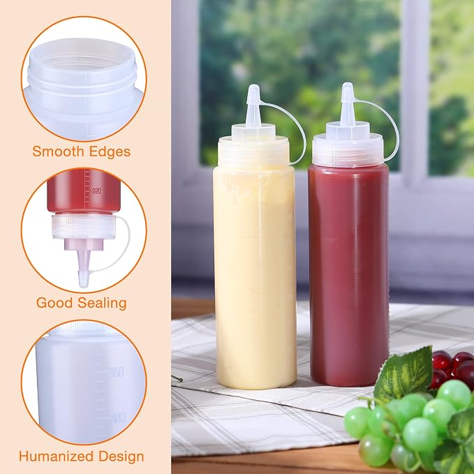 Xinnun 24 Pcs Plastic Condiment Squeeze Bottles Squeeze Leak Proof Multipurpose Squirt Bottles with Twist Top Cap for Sauces Ketchup BBQ Syrup Dressings Paint Grilling Crafts Olive Oil Arts(12 oz) - Image 4