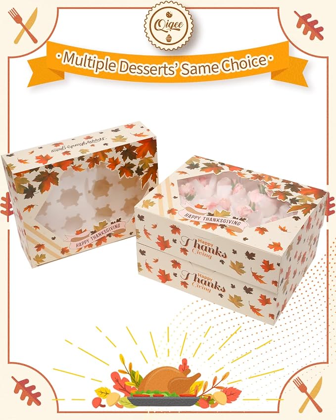 qiqee Thanksgiving 12 Cupcake Boxes with Window 16-Packs Cupcake Box 13"x10"x3.5" Cupcakes Carrier, 12 Cupcake Containers For Thanksgiving Day - Image 3