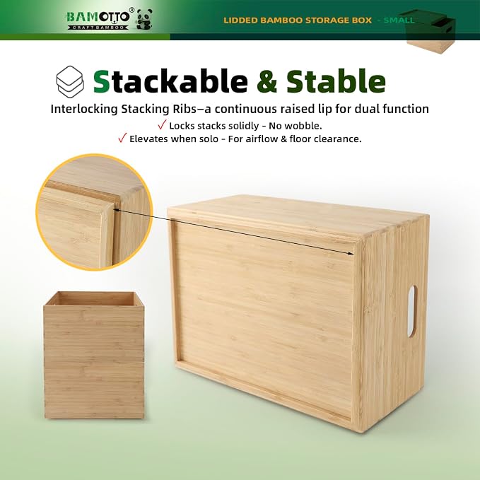 BAMOTTO CRAFTBAMBOO Stackable Bamboo Storage Bin with Lid 10.2”x7.3”x6.5” | Cutout Handles | Compact Design | Natural Bamboo Box Basket for Kitchen Pantry Drawer, Organize Tableware Snacks Toys Books - Image 3