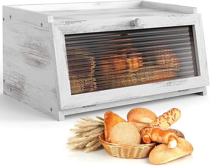LOHASOK Bread Box for Kitchen Countertop | Wooden,Large, Farmhouse Bread Container Holder Storage, Acrylic translucent window by Lohasok