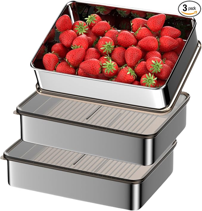 Stainless Steel Food Storage Containers, Silver, 3-Piece Set | Airtight with Vacuum Seal, Stackable Rectangular, BPA-Free Lids, For Meal Prep and Leftovers Storage, Deep - 3.3'' Height by HOMMIYA