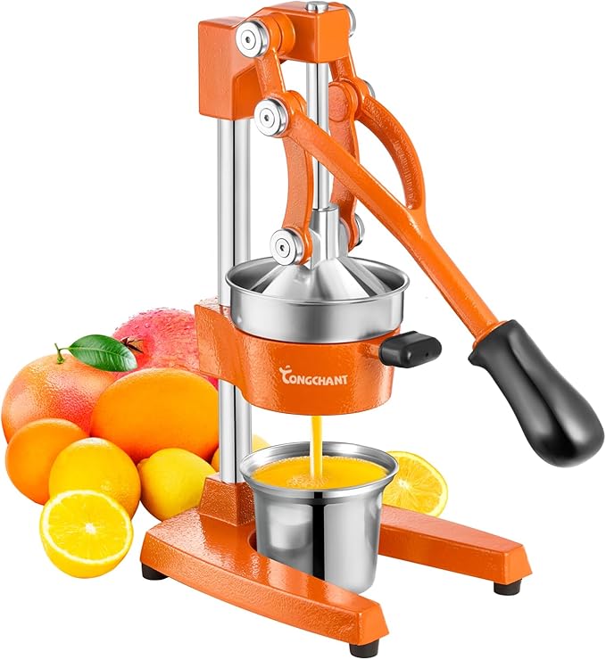 TONGCHANT Cast Iron Manual Juicer for Orange Lemon Lime Pomegranate &Citrus | Heavy Duty Orange Juicer Squeezer, Hand Press Juicer, Citrus Press, Stainless Steel Cup, Easy to Clean, Orange by TONGCHANT