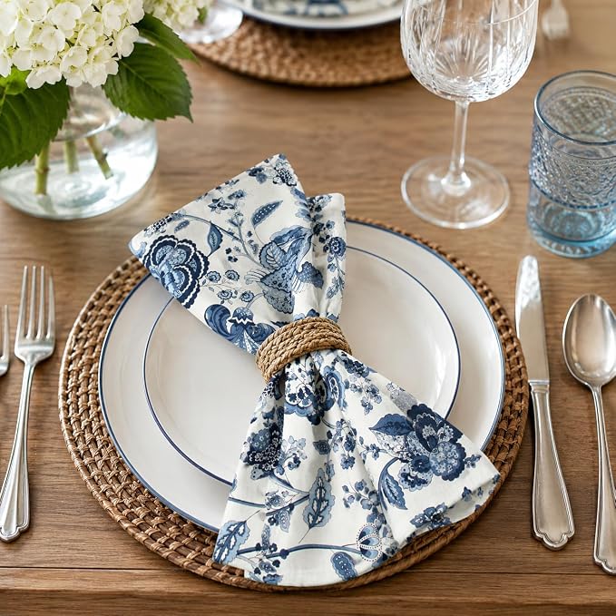 Premium Cotton Cloth Napkins Set of 4, 18x18 Inch Reusable Dinner Napkins, Soft Washable Oversized Fabric Napkins for Dining Table, Weddings, Parties & Everyday Use, Blue Floral - Image 5