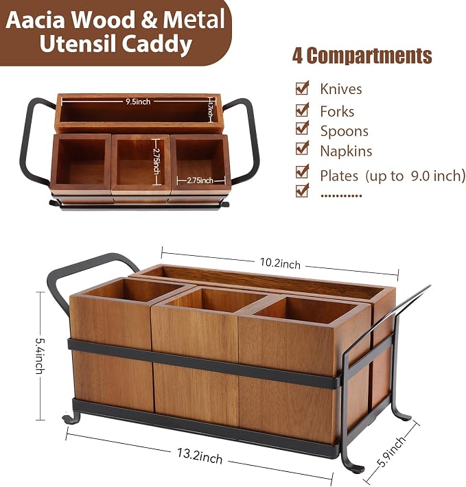 Silverware Caddy Acacia Wood Silverware holder for Party Utensil Caddy with Metal Handle Paper Plate Organizer Cutlery Holder Flatware Organizer for Spoons Forks Napkins - Image 3