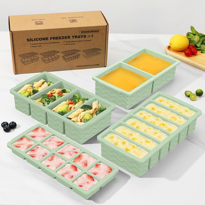 Silicone Freezer Trays with Lid (4-Pack), 1-Cup, 2-Cup, 1/2-Cup & 2-Tbsp Silicone Freezer Molds, Stackable Soup Freezer Meal Prep Containers,Ice Cube Tray for Making Sauce,Smoothies,Yogurt Bites - Image 8
