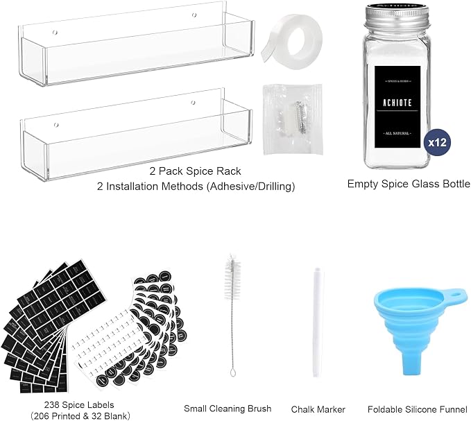 PMMASTO Adhesive Acrylic Spice Rack Organizer with 12 Empty Square Spice Jars, 238 Spice Labels with Chalk Marker and Funnel Complete Set for Kitchen Cabinet/Pantry Door (Clear - 2 Pack) - Image 3
