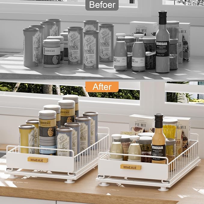 Under Sink Organizer, 2 Packs Under Sink Organizers and Storage, Slide Out Pull Out Cabinet Organizer Shelf with Metal Drawers for Kitchen Bathroom Pantry, White - Image 5