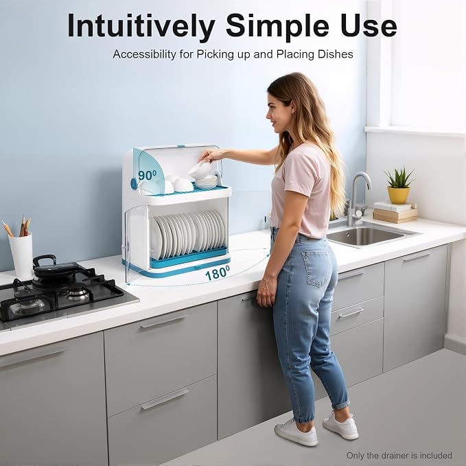 2 Tier Dish Drying Rack with Lid Cover Kitchen Counter Organizer with Drainboard & Cutlery Holder Space Saving for Small Kitchen - Image 3
