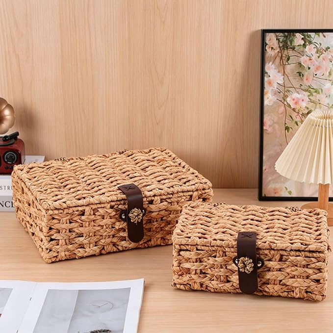 Set of 2 Water Hyacinth Wicker Storage Baskets with Lid | Rectangular woven decorative bins for shelf desktop home organization decor - Image 5