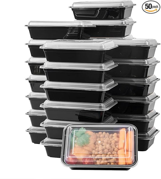 FULIGN 24 oz Meal Prep Containers With Lids Reusable 50 Pack Extra-thick Plastic Food Storage Black Disposable To Go Lunch Box BPA Free Stackable Microwave Dishwasher Freezer Safe by FULING