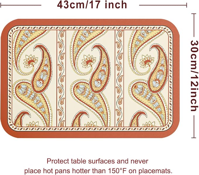 Designer Paisley PVC Placemats Set of 6, Red Classic Pattern Rectangular Placemat, Waterproof and Heat-Resistant Paisley Style,Decoration for Kitchen,Party,Dinning, New Year,12"*17" - Image 6