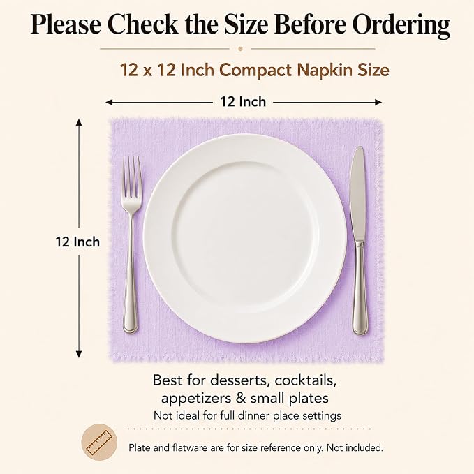36 Pack Lavender Cloth Napkins, 12 x 12 Inch Cotton with Fringe Settings | Handmade washable reusable cotton dinner napkins in bulk for weddings, parties, rustic boho table settings - Image 2