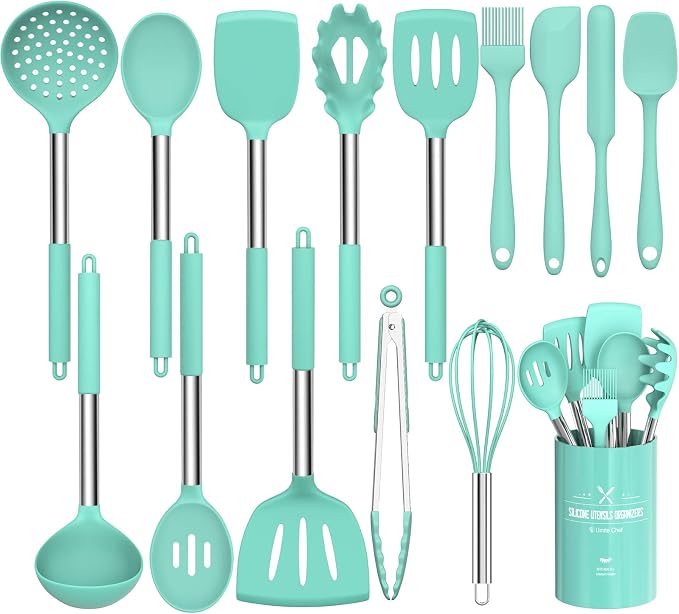 Silicone Cooking Utensil Set, Umite Chef 15pcs Silicone Cooking Kitchen Utensils Set, Non-stick - Best Kitchen Cookware with Stainless Steel Handle - Green by UmiteChef