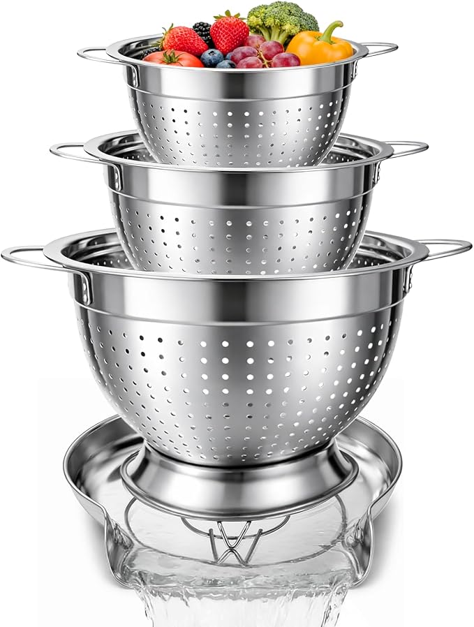 Strainers and Colanders for Kitchen, 3-Piece Stainless Steel Set Pasta and Rice Strainer with Handles, Raised Draining Base for Easy Counter Use (7”, 9”, 11”) by XUNWKONGG