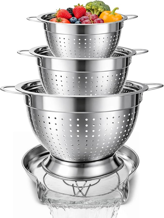 Strainers and Colanders for Kitchen, 3-Piece Stainless Steel Set Pasta and Rice Strainer with Handles, Raised Draining Base for Easy Counter Use (7”, 9”, 11”) by XUNWKONGG