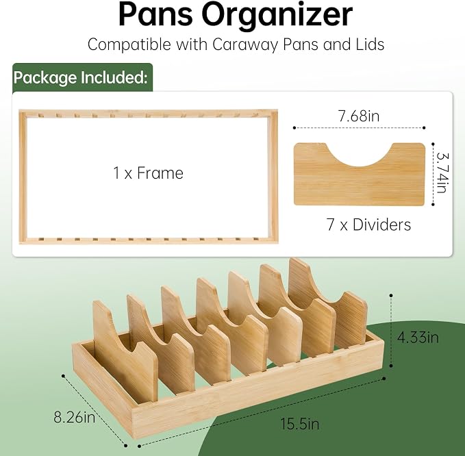 Pan Organizer Compatible with Caraway, Pots and Pans Organizer Under Cabinet, Bamboo Pot Lid Organizers with Adjustable Dividers, U-Shaped Lid Slots, Ideal for Kitchen Countertop and Cabinet Storage - Image 6
