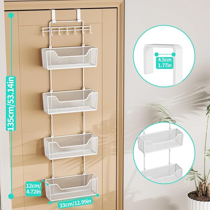 HapiRm Over Door Organizer Storage - Hanging Door Organizer with 4 Metal Large Capacity Baskets and Adjustable Coat Hook for Bathroom Bedroom Kitchen Pantry Closet Cabinet - Image 3