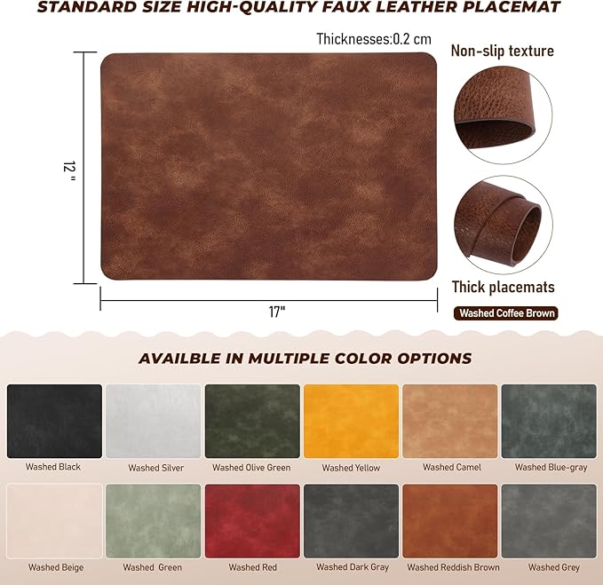 UnivoColors Placemats,Heat Resistant Placemats Set of 6 Washable 12 x 17 Inch,Waterproof Table Mats,Wipeable Pu Place Mats for Kitchen,Dining Room.(Dark Gray+Blue Grey+Green+Reddish Brown+Red+Beige) - Image 3