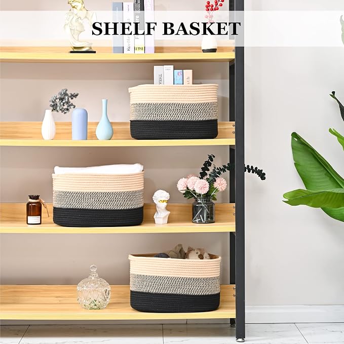Cotton Rope Storage Baskets for Organizing 3Pack 15"x10"x9" Woven Baskets for Storage,Shelf Baskets Cube Storage Bins Towel Baskets,Toys Baskets Nursery Basket Laundry Baskets(Black/Brown) - Image 3