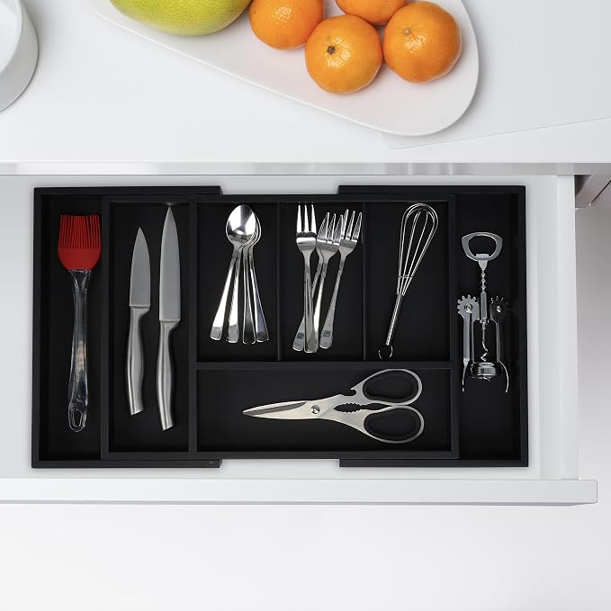 Relaxdays Cutlery Tray, Extendable Insert, 5 to 7 Compartments, Drawer Organiser, Bamboo & MDF, Utensils Storage, Black, Fibreboard, 5 x 49 x 28 cm - Image 4