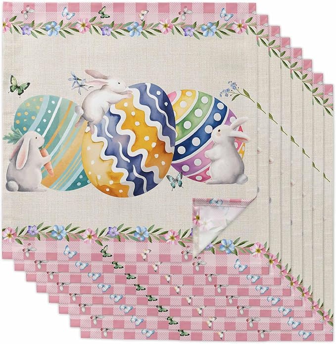 Easter Eggs Cloth Napkins Set of 8, Spring Watercolor Bunny Butterflies Floral Pink Buffalo Plaid Dinner Napkins Cloth Washable, Cocktail Napkins Reusable for Wedding, Party, (20"x20") by Unknown