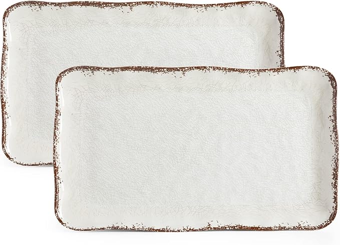 LEHAHA Farmhouse Large Serving Platters, 2 Piece Melamine Dinnerware Set, 17.5 x 10 Inches Vintage Serving Tray, Rectangle White Rustic Trays Set of 2 by LEHAHA