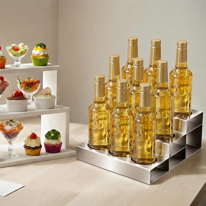 Novabright 3 Tier Coffee Syrup Rack Organizer, Stainless Steel Syrup Bottle Holder for Coffee Bar, 9 Bottle Commercial Rack for Cafe Countertop, Cafe Station Storage Organizer, 15.5" D x 12" W x 6" H - Image 3