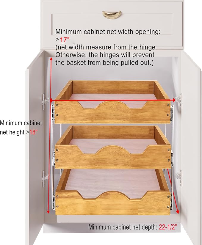 DINDON 3 Tier Pull Out Cabinet Organizer 17”W X21”D Slide Out Shelves With Shelf Liner for Kitchen Wood Roll Out Drawers Pantry Organization - Image 3