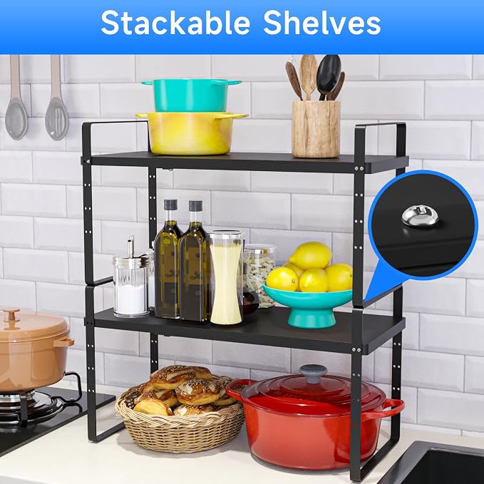 Expandable Cabinet Shelf Organizer, Stackable Kitchen Pantry Counter Storage, Adjustable Closet Cupboard Stand Rack Risers Spice Organization 80LBS Heavy Duty Black Large 1 Pack - Image 6